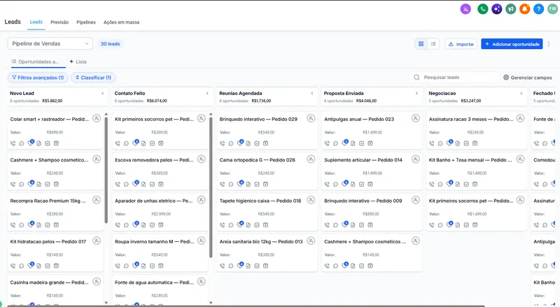Pipeline de vendas em kanban com as oportunidades por etapa e o valor de cada uma