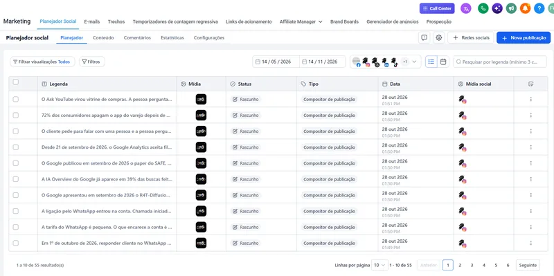 Planejador social com publicações agendadas para Instagram, Facebook, LinkedIn e TikTok
